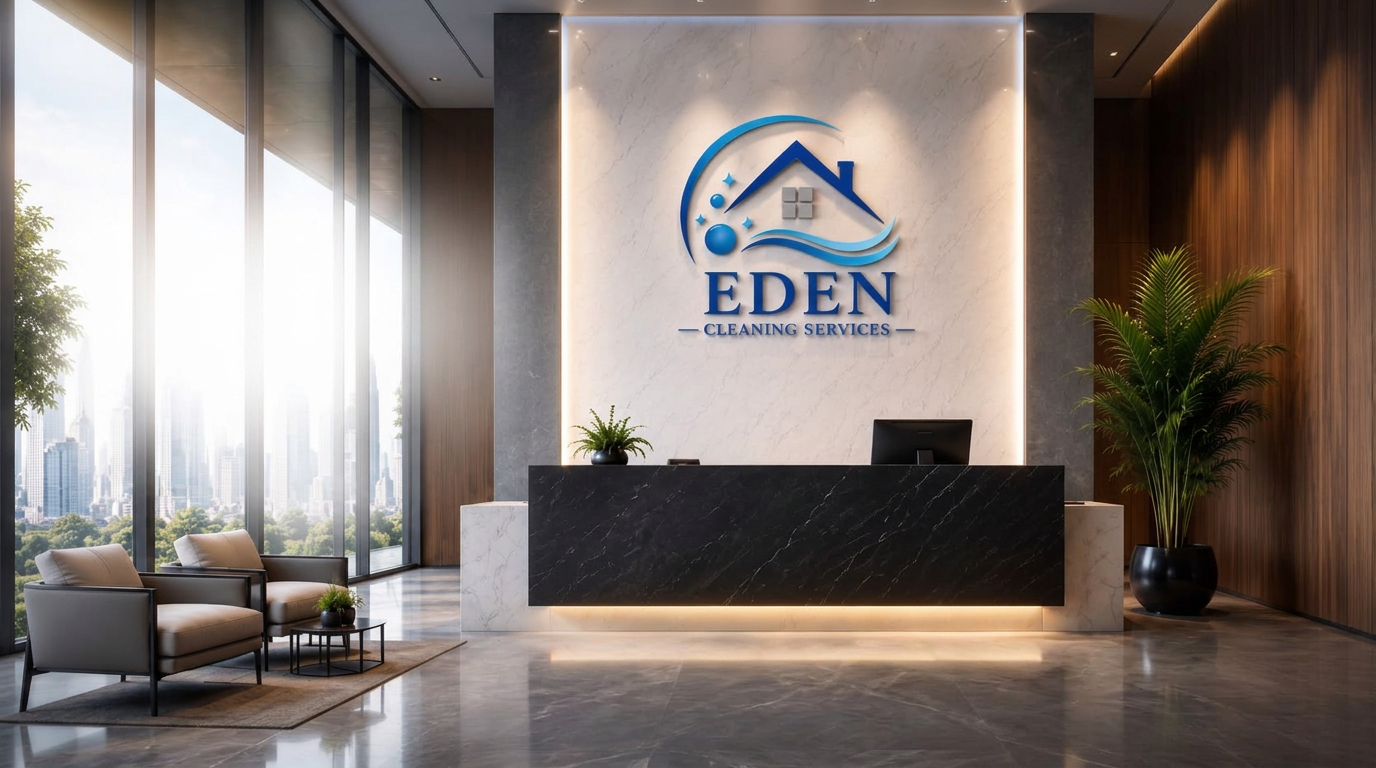 Eden Cleaning Services reception lobby with illuminated logo wall