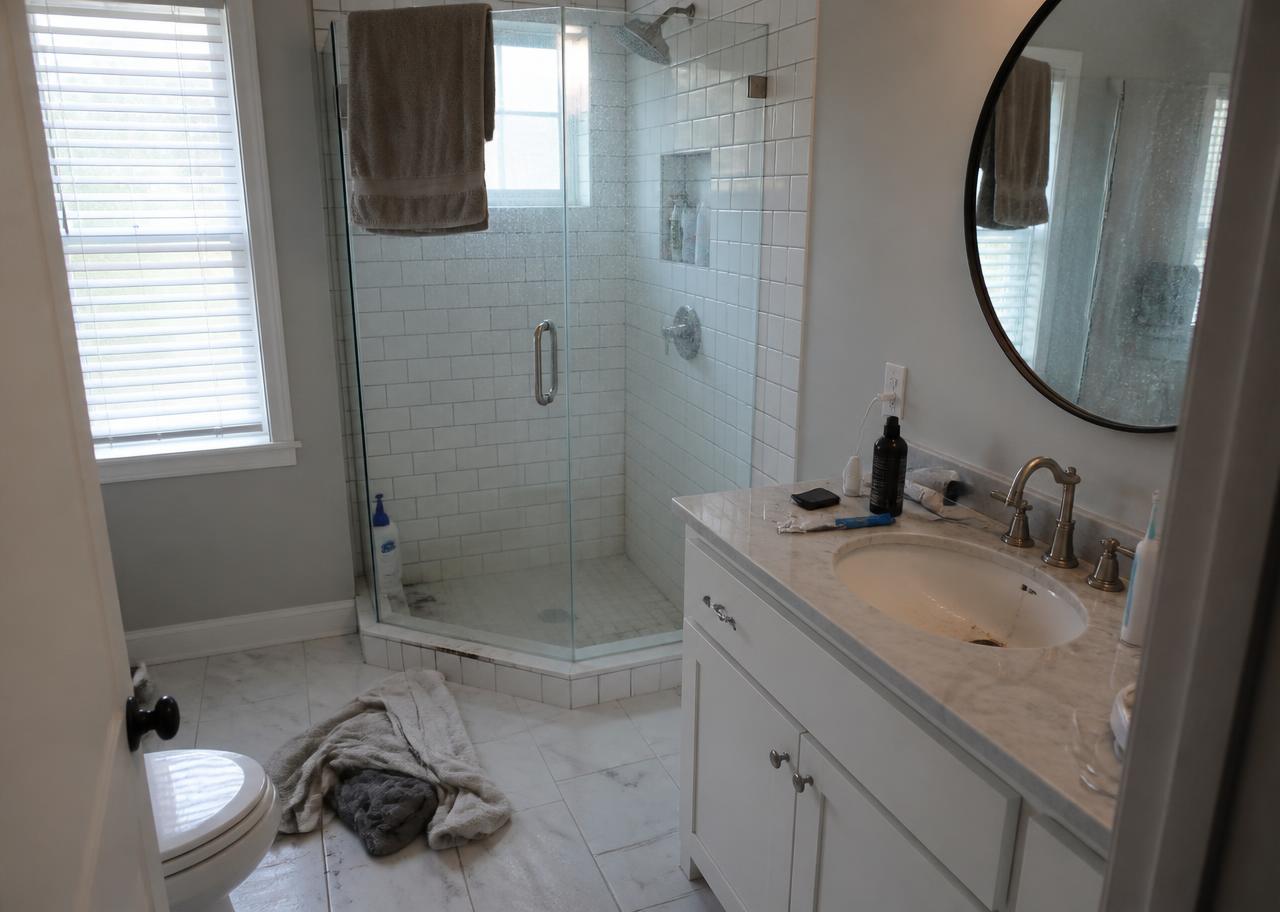 Illustrative example of a bathroom restoration before cleaning