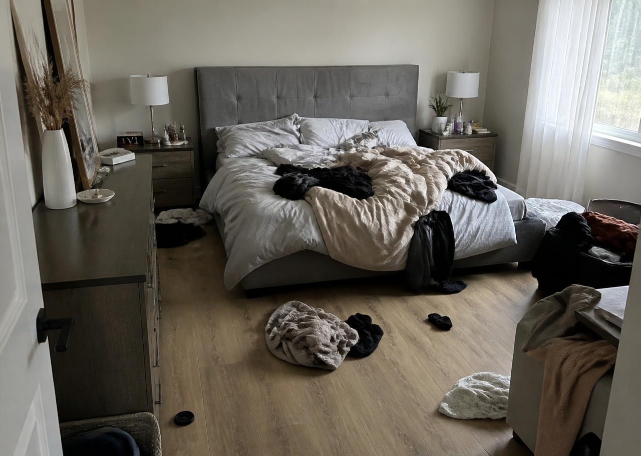 Illustrative example of a bedroom reset before cleaning
